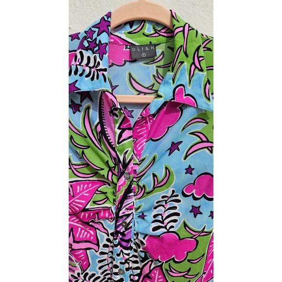 Vintage Y2K Womens Top Small Pink Blue Moon Sky Tropical Ruched Button Up Shirt - Picture 4 of 11